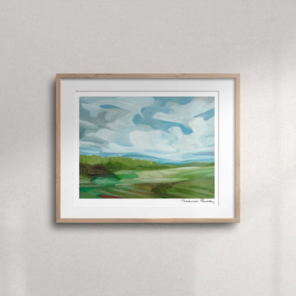 Green fields and blue sky fine art print featuring vibrant spring countryside and soft white clouds