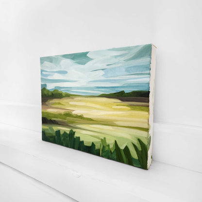 Original summer landscape painting of lush green fields and open countryside.