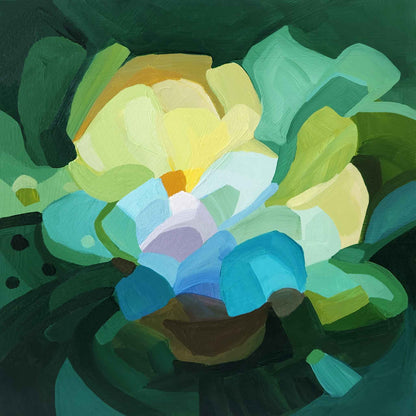 birght yellow and emerald original abstract floral artwork