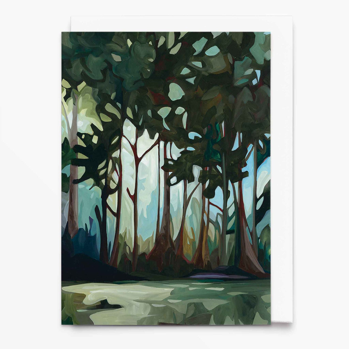 Landscape art card with dense green forest and blue sky glimpses
