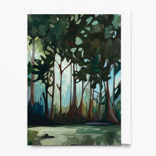 Landscape art card with dense green forest and blue sky glimpses