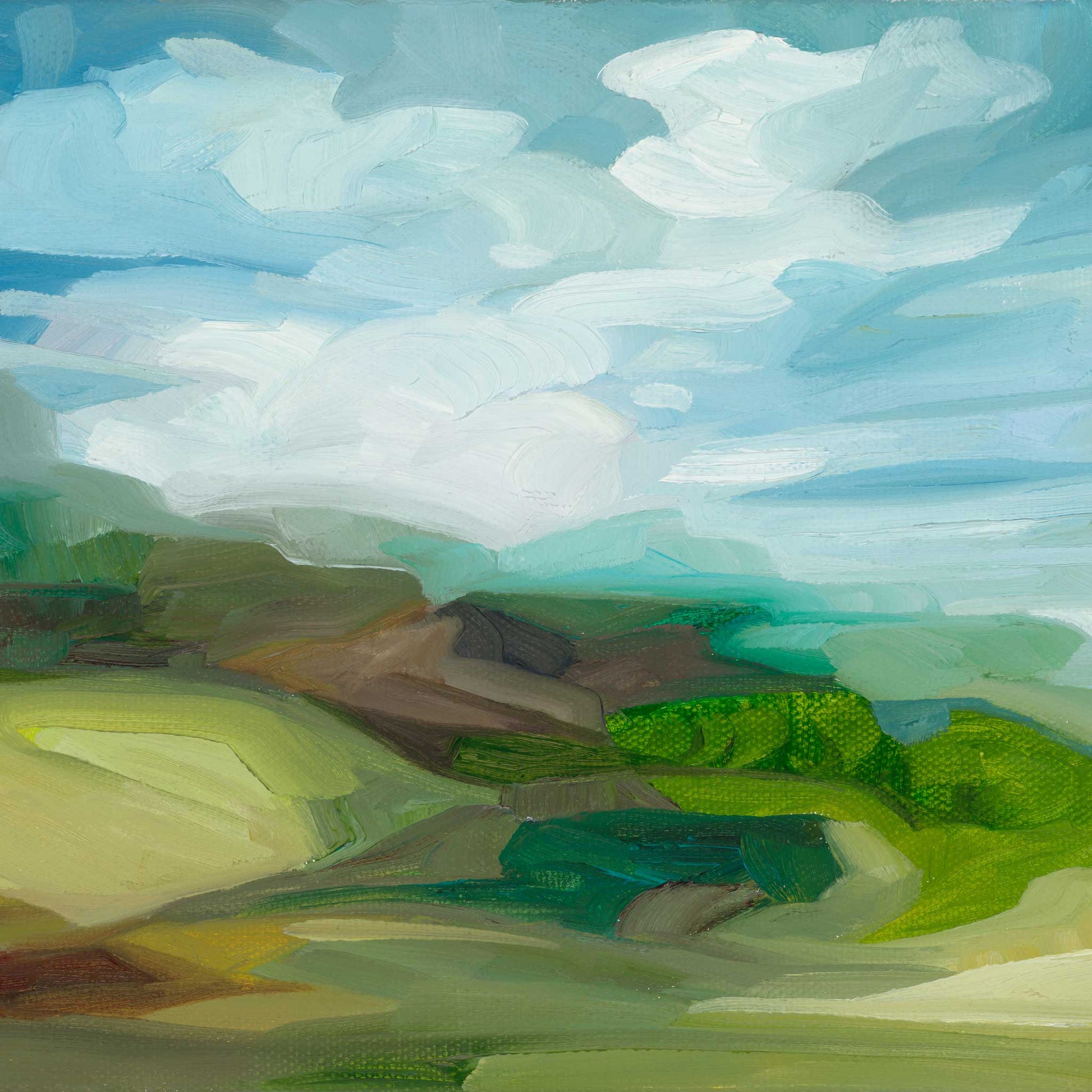 Colourful hillside landscape art print inspired by rolling countryside, thick hedges and shifting shadows