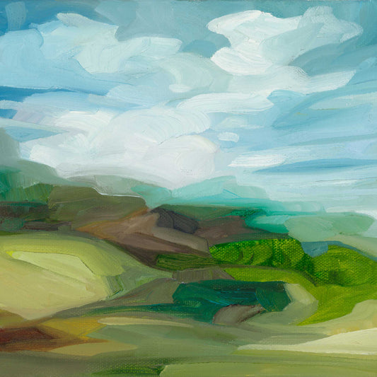 Colourful hillside landscape art print inspired by rolling countryside, thick hedges and shifting shadows