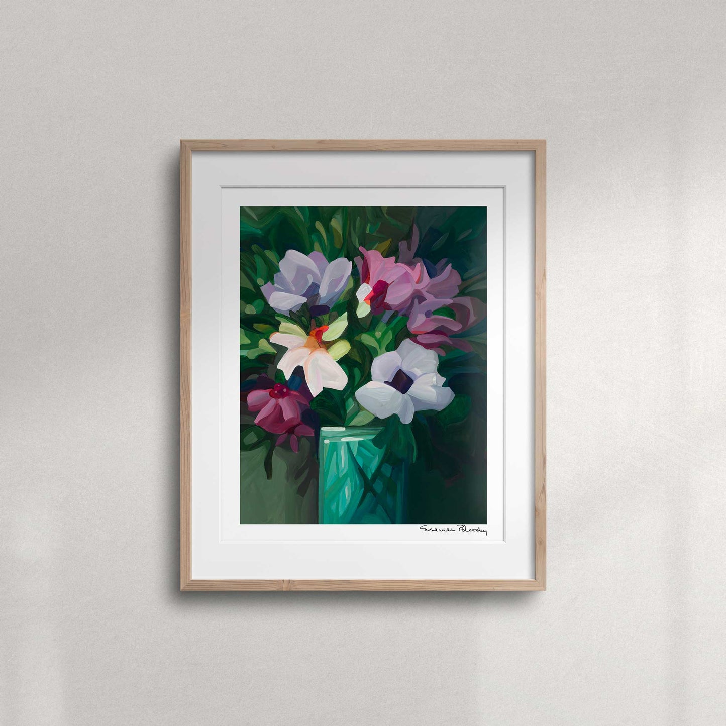 purple abstract floral painting wall art print with green background wildthing 2430-4