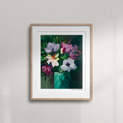 purple abstract floral painting wall art print with green background wildthing 2430-4