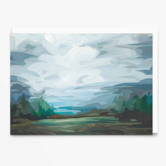 Landscape art card with green summer valley and rolling hills