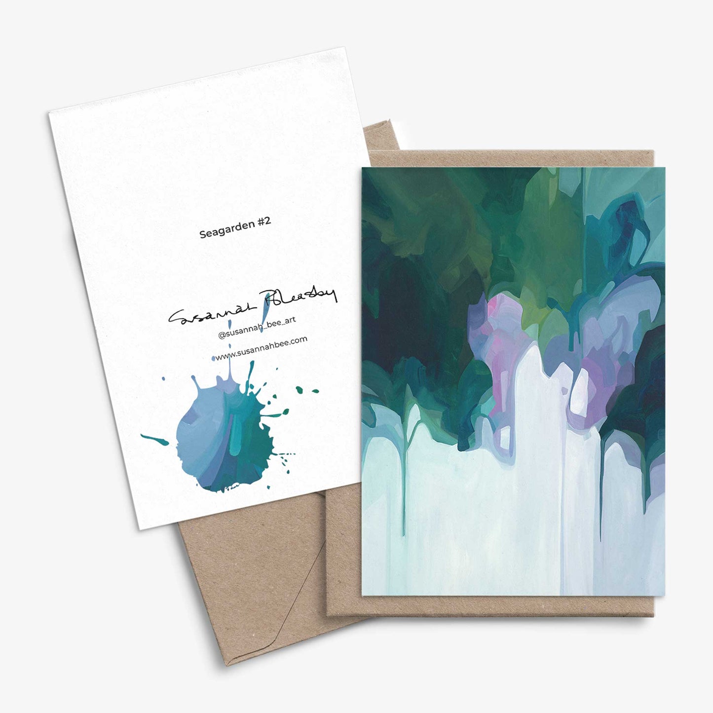 sea green and blue artist cards with kraft envelopes