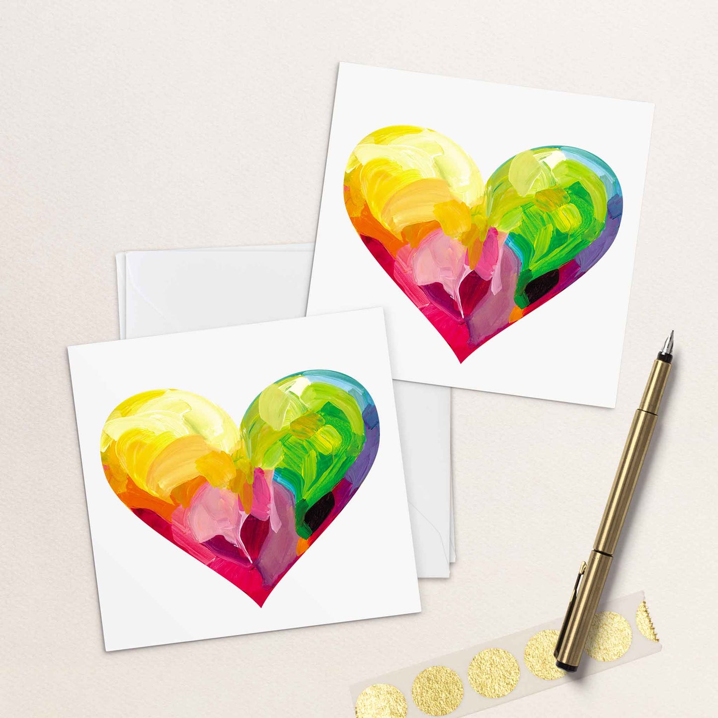 Abstract rainbow heart thinking of you greeting cards with expressive painted details