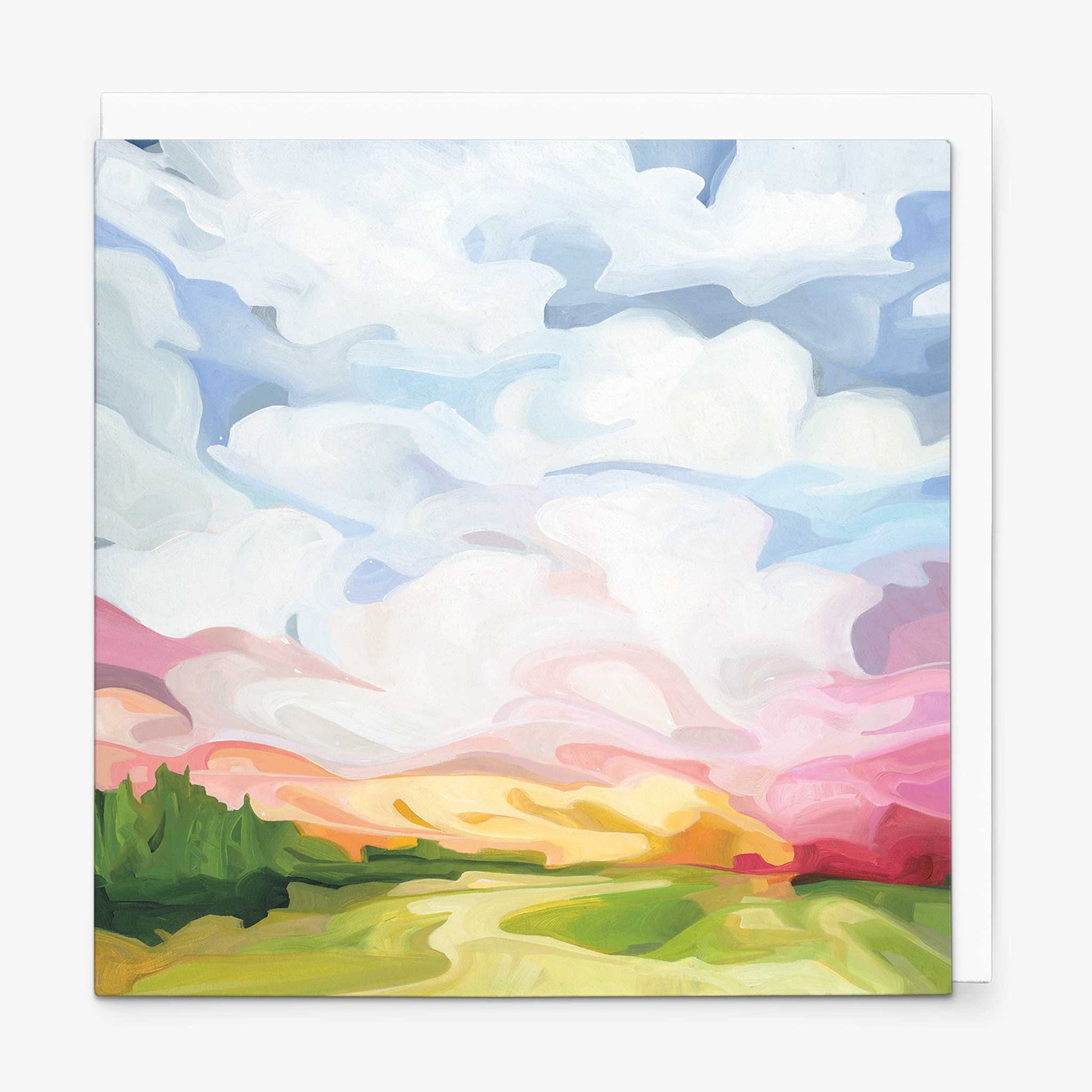 Contemporary abstract sky greeting card featuring radiant clouds, colourful skies, and uplifting landscape artwork filled with light and hope