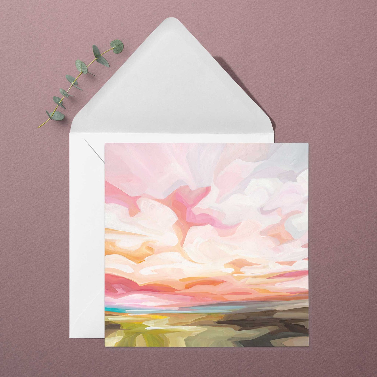 Colourful landscape greeting card with bright sunrise sky, layered horizon light, and uplifting spring scenery