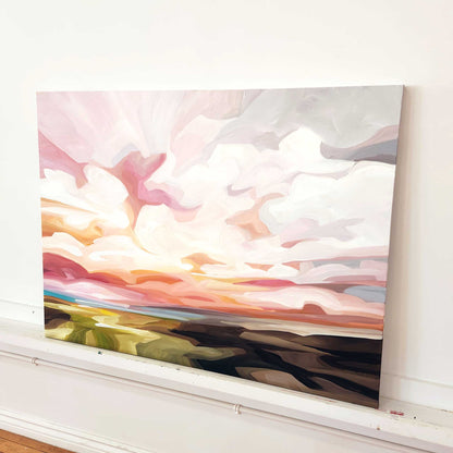 horizontal acrylic sky painting of a pastel spring sunrise