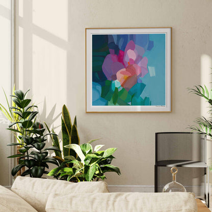 large square blue abstract wall art print in living room