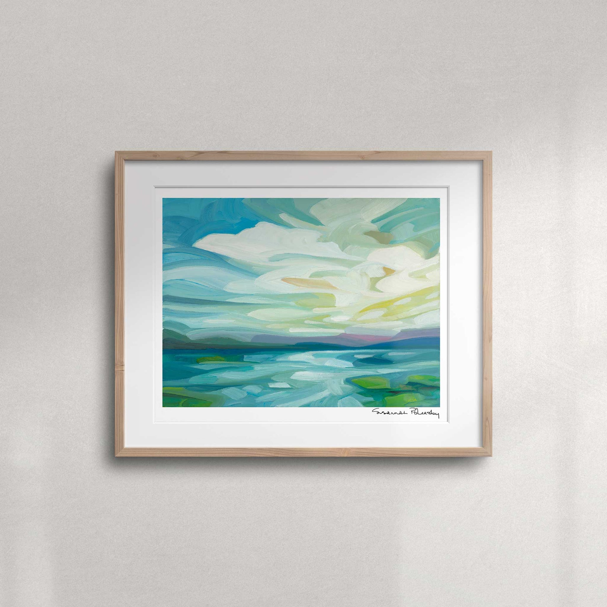 Lake and sky landscape fine art print featuring billowing clouds, beams of light and colourful spring reflections on the water