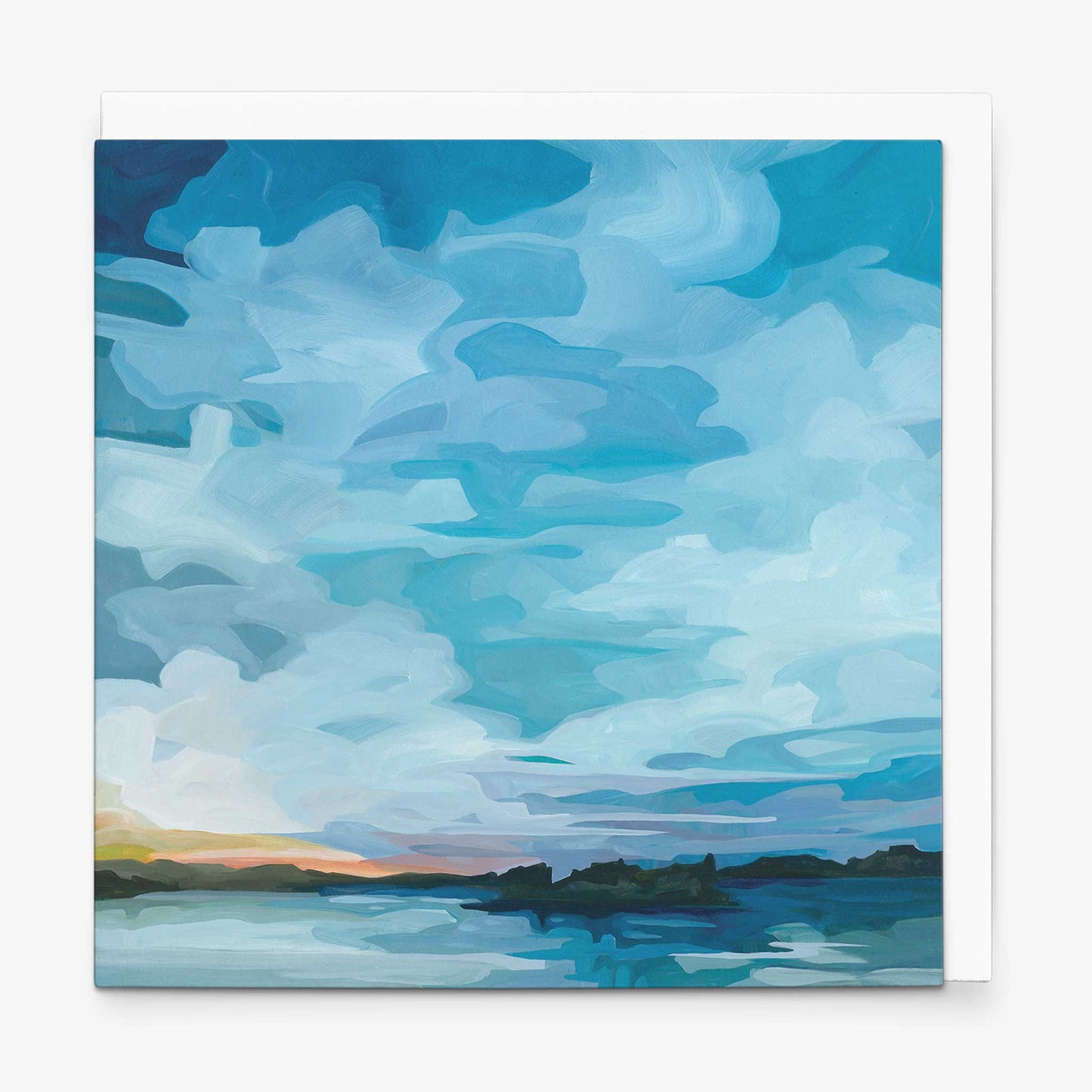 Abstract sky greeting card featuring blue hour skies, shimmering lake water, and glowing sunset reflections inspired by peaceful summer evenings