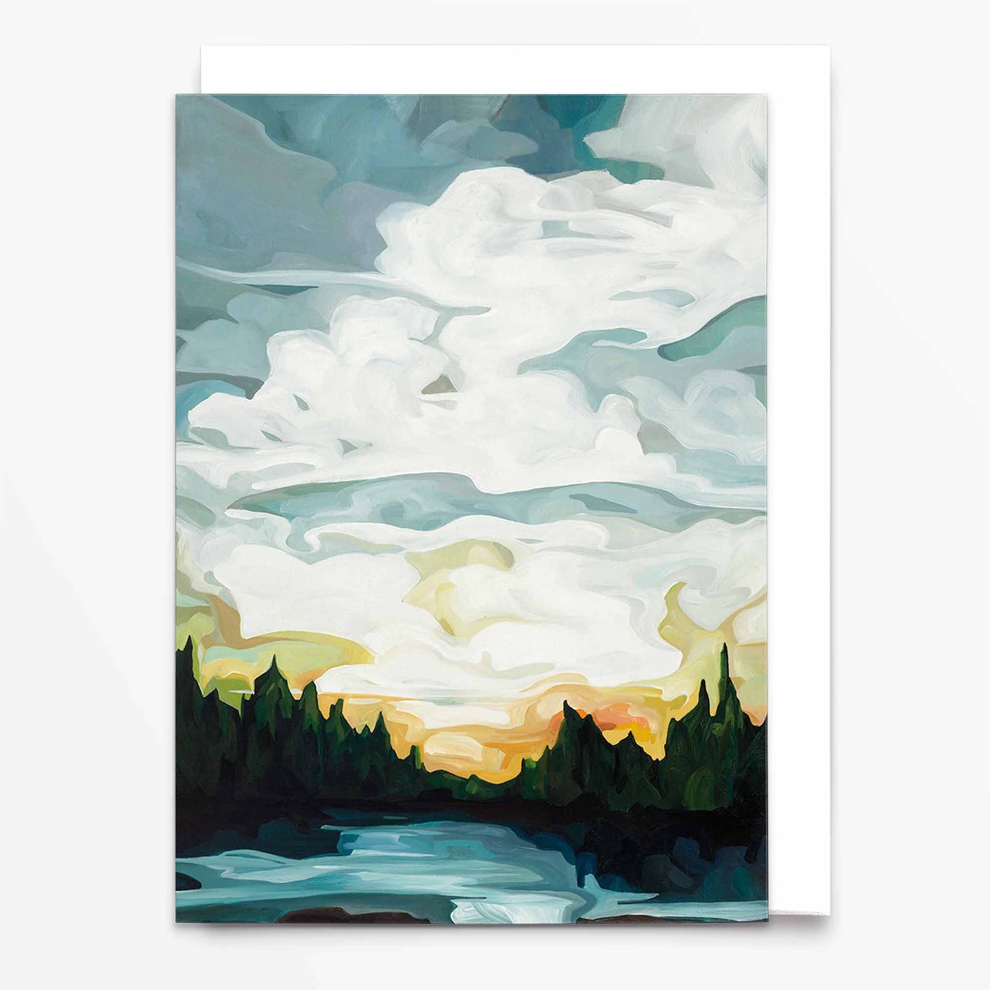 Landscape art card with lakeside dock and orange sunset sky