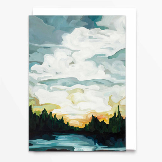 Landscape art card with lakeside dock and orange sunset sky