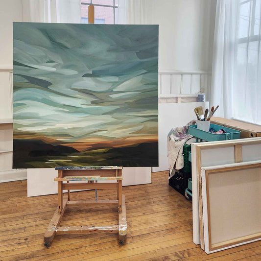 large abstract landscape painting in studio