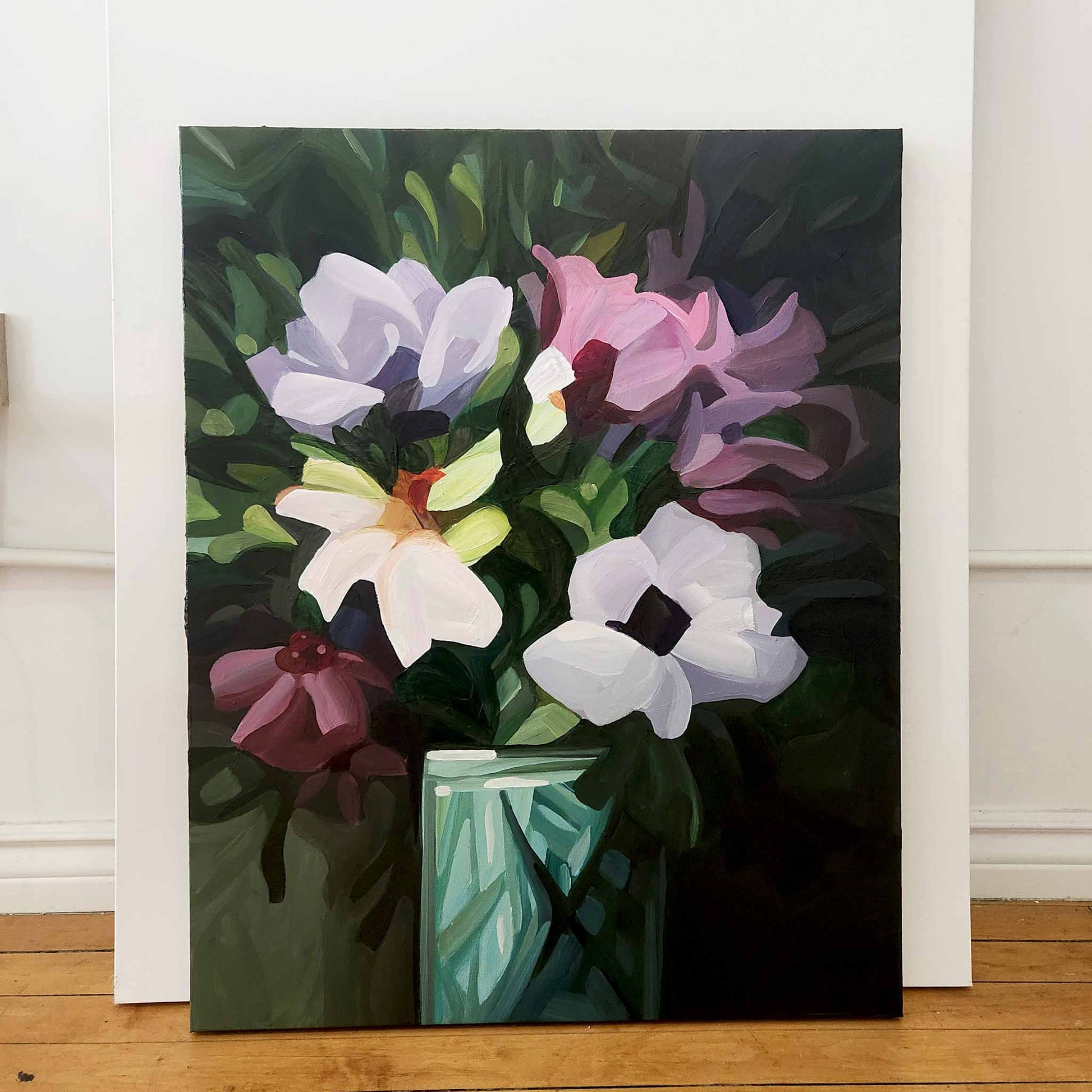 large flower painting of mauve wildflowers on a forest green background