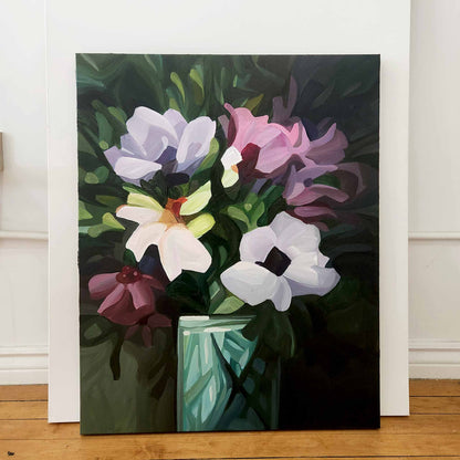 large flower painting of mauve wildflowers on a forest green background