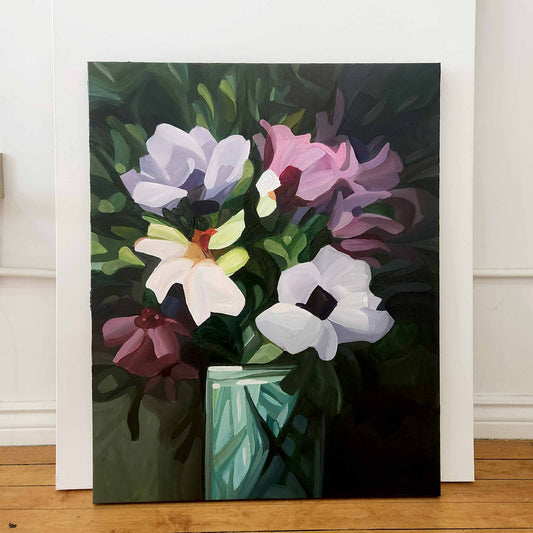 large flower painting of mauve wildflowers on a forest green background