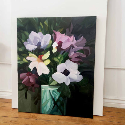 statement vertical floral artwork with mauve wildflowers