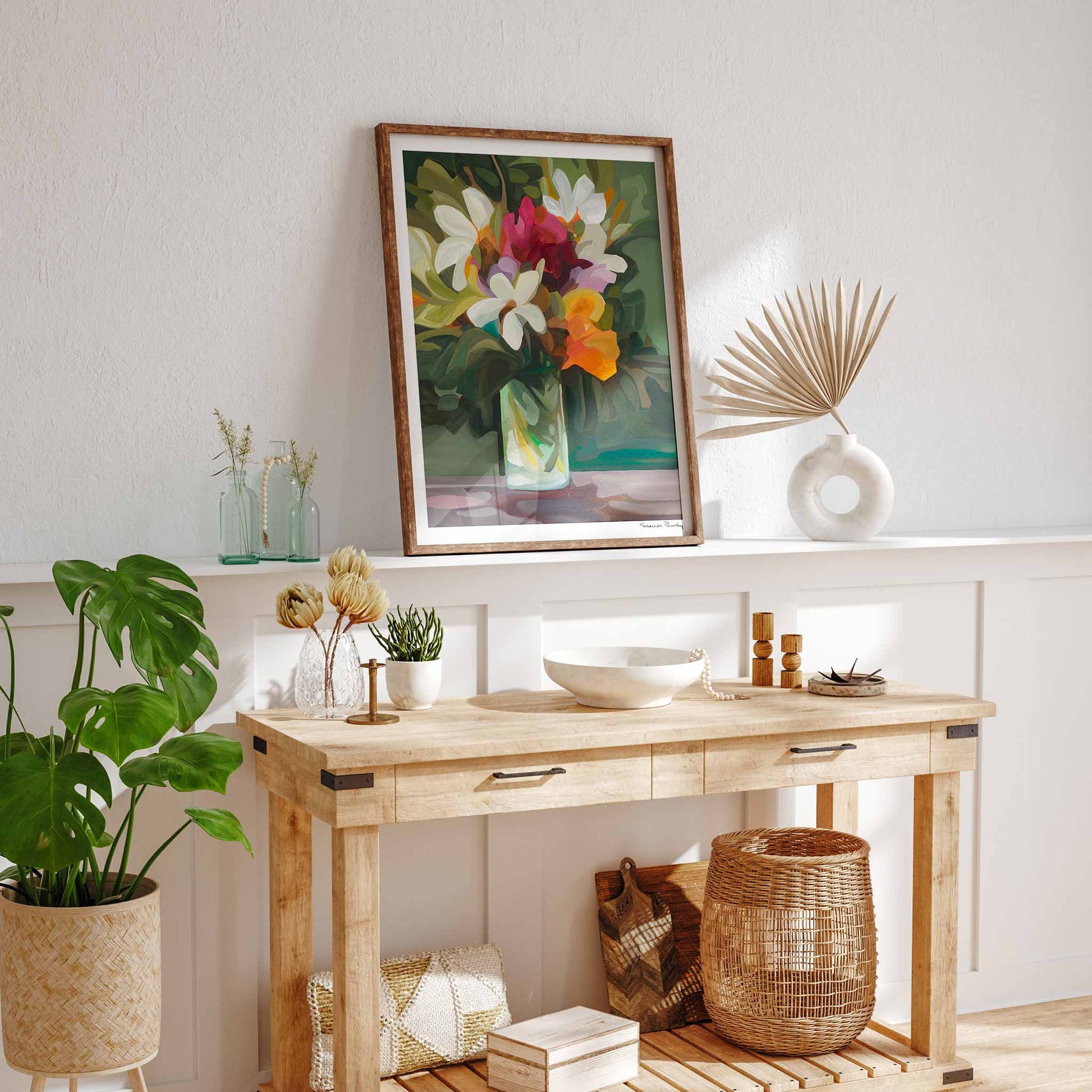 large vertical floral art print in kitchen