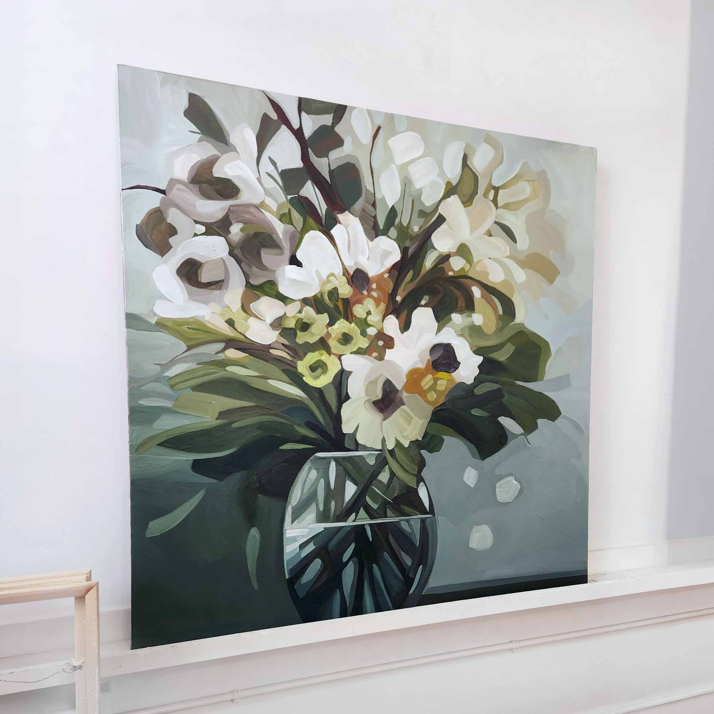original abstract floral painting in greige tones with layered shadow and elegant depth