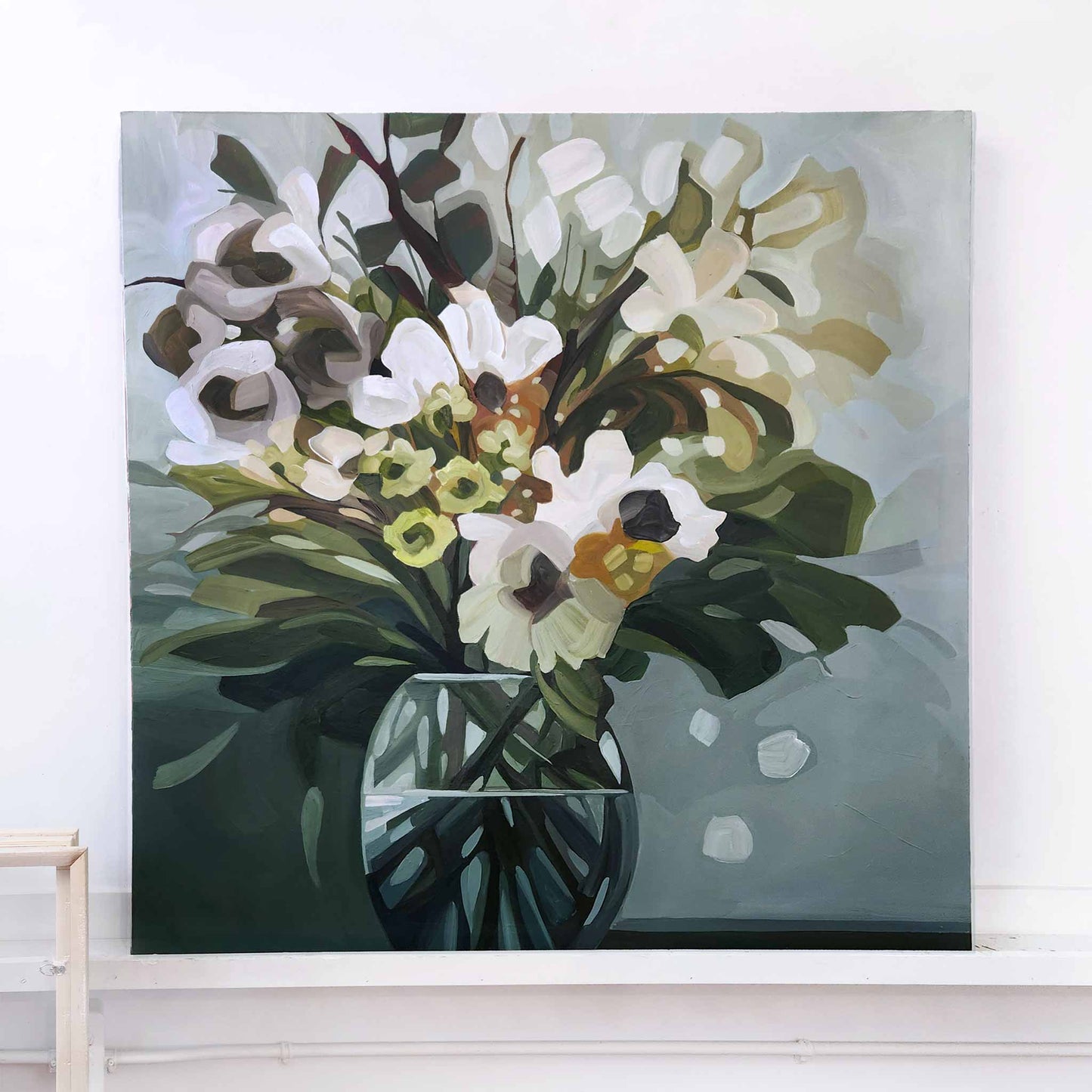 large original greige abstract painting on gallery wrapped canvas with layered ivory blooms