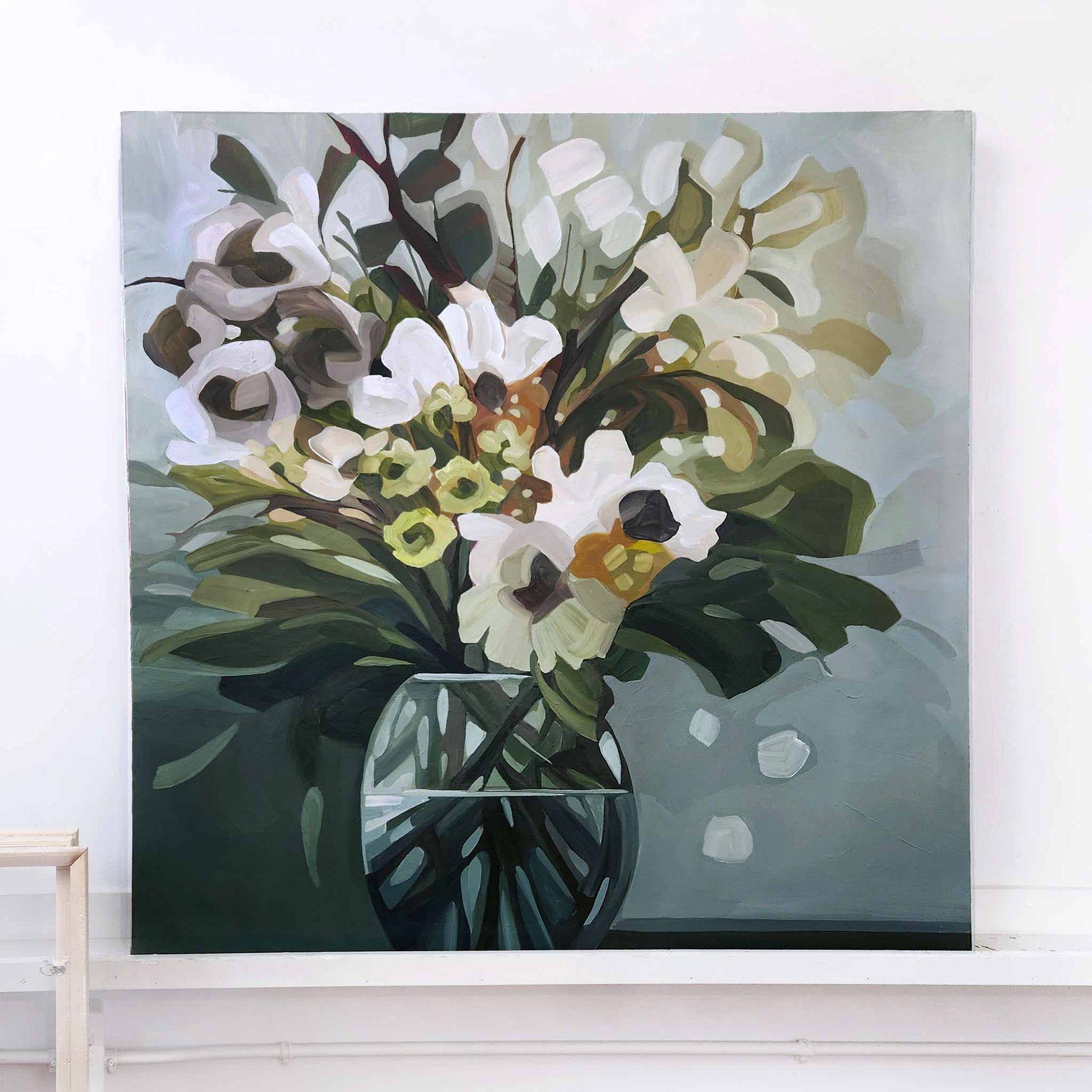 large original greige abstract painting on gallery wrapped canvas with layered ivory blooms