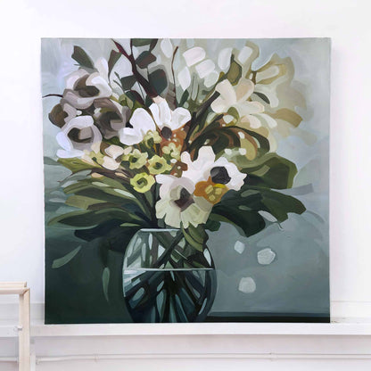 large original greige abstract painting on gallery wrapped canvas with layered ivory blooms