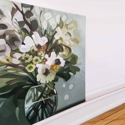 contemporary greige floral painting on gallery wrapped canvas for sophistocated interiors