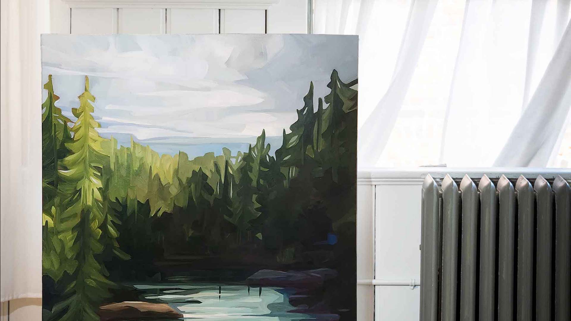 large-scale acrylic forest painting of evergreens and forest lake