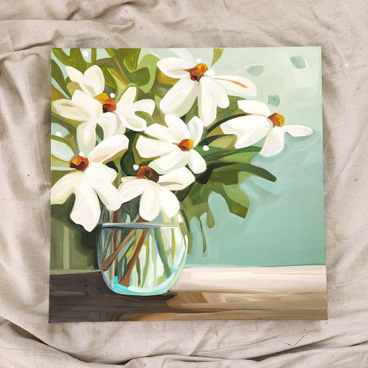 original large acrylic flower painting of daisies in a vase