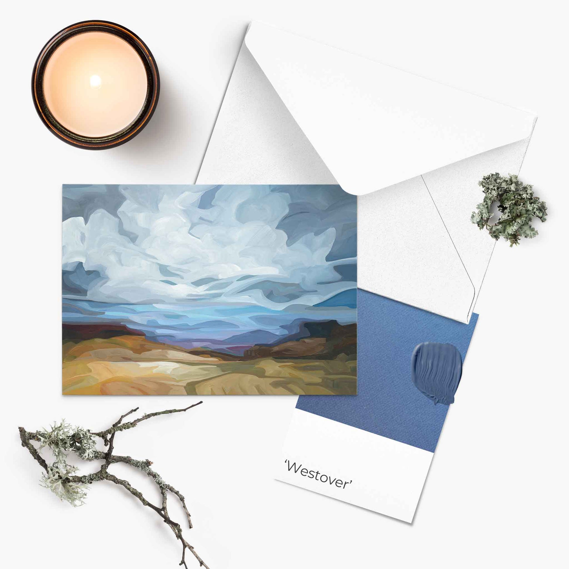 lavender blue sky painting greeting card UK