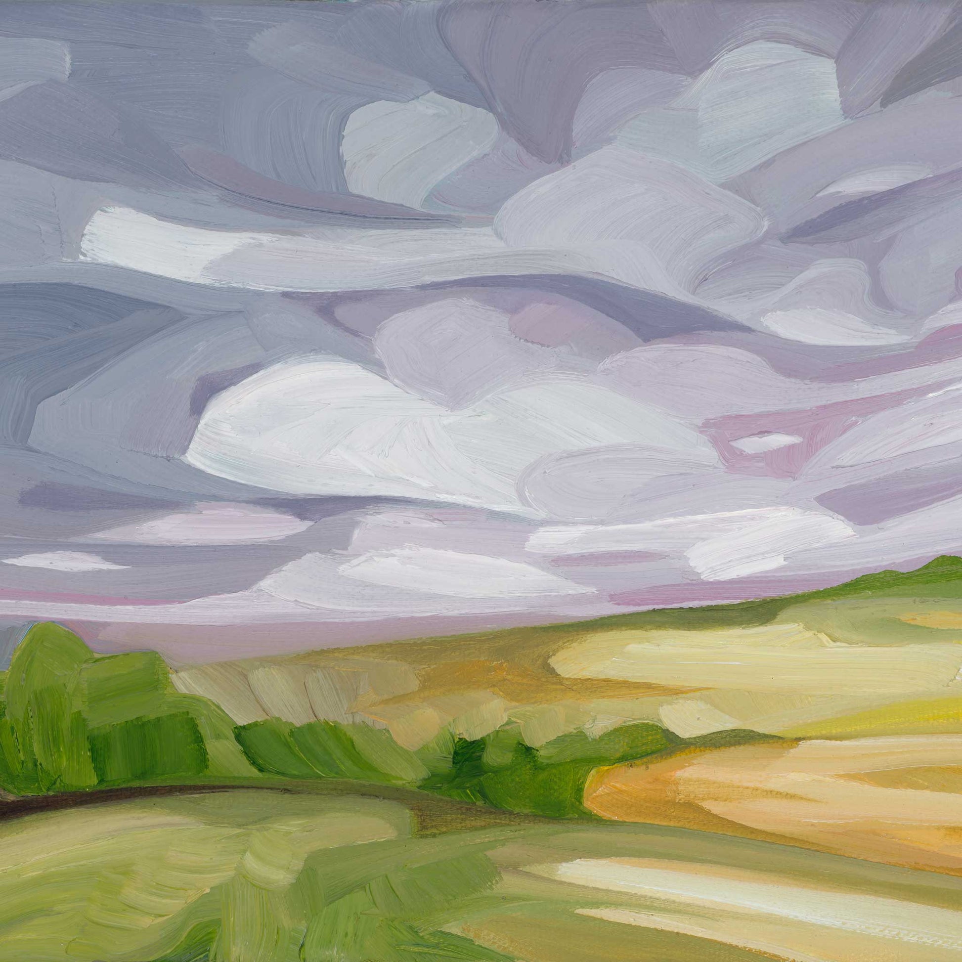 Colourful landscape art print inspired by a layered lavender evening sky and softly drifting clouds at sunset