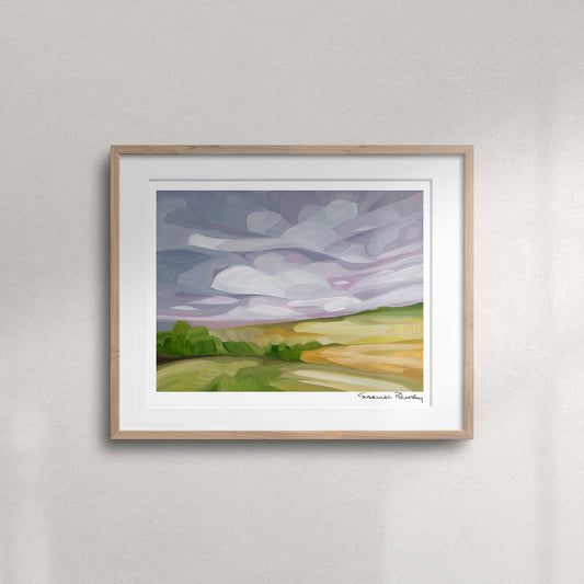 Lavender sunset landscape fine art print featuring soft clouds and a peaceful, colourful evening sky