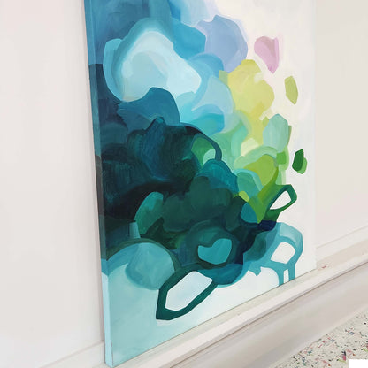 side view of large acrylic abstract painting in artist studio of Canadian painter Susannah Bleasby