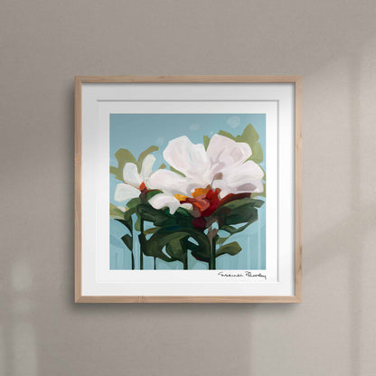 light blue wall art print with white flowers 12x12