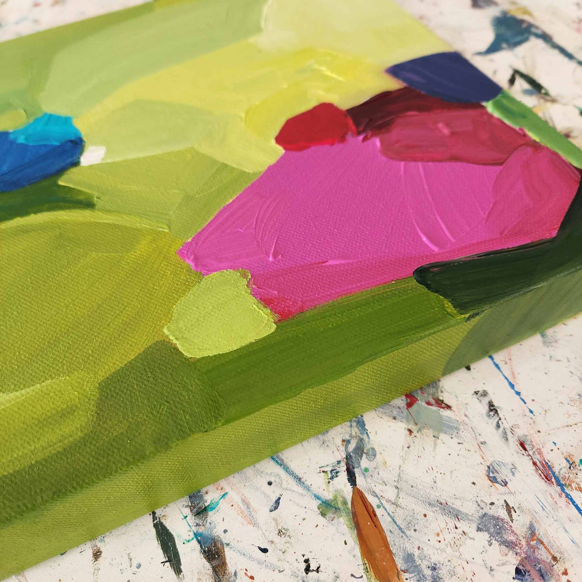 Lime green and bright pink small abstract painting by Canadian abstract artist Susannah Bleasby