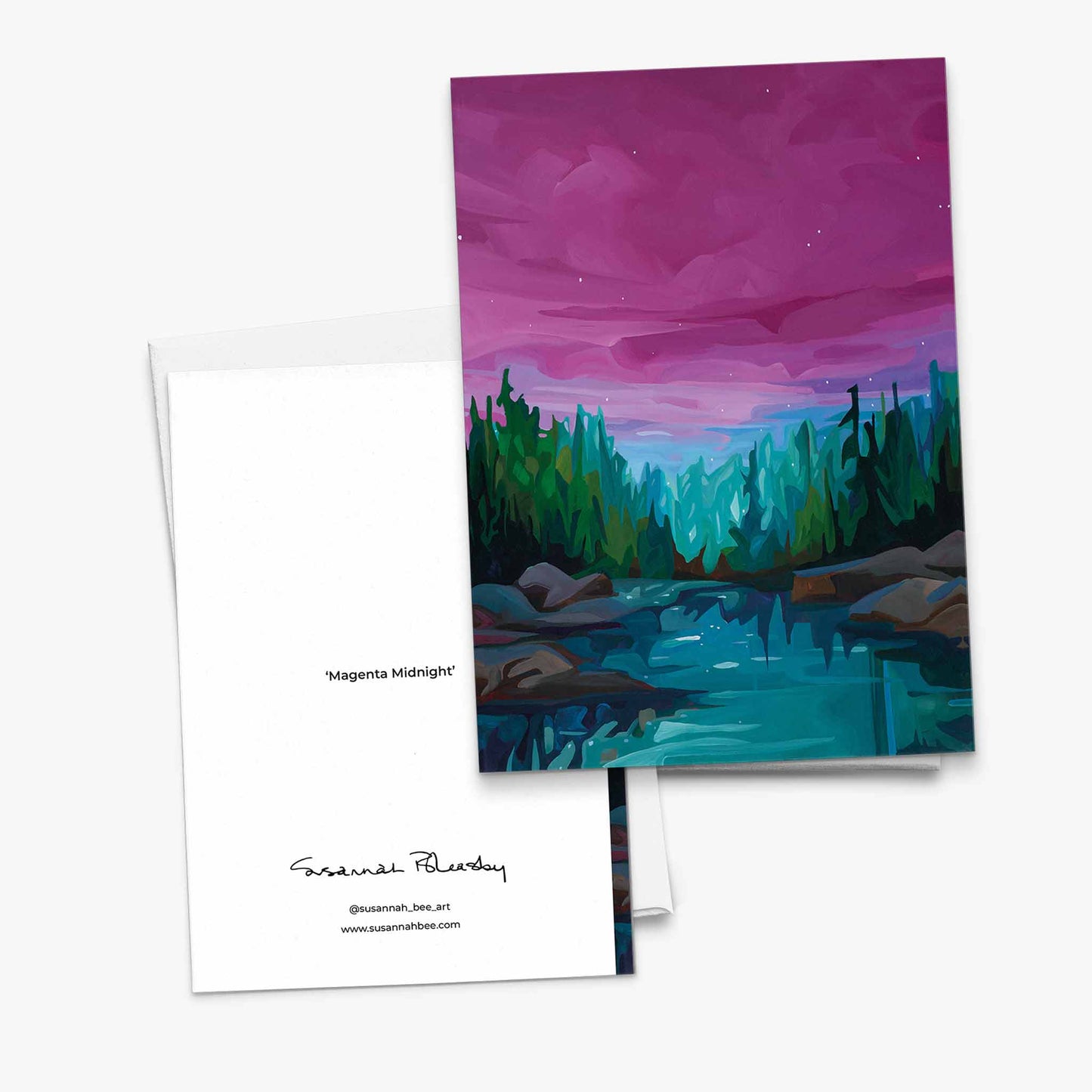 Fine art greeting cards featuring magenta dawn sky and lake reflections