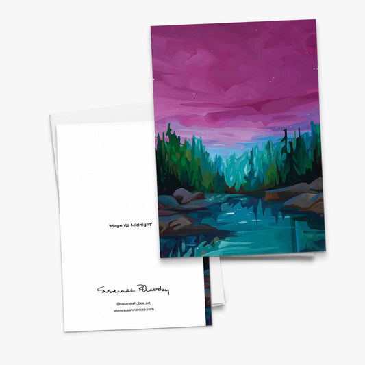 Fine art greeting cards featuring magenta dawn sky and lake reflections