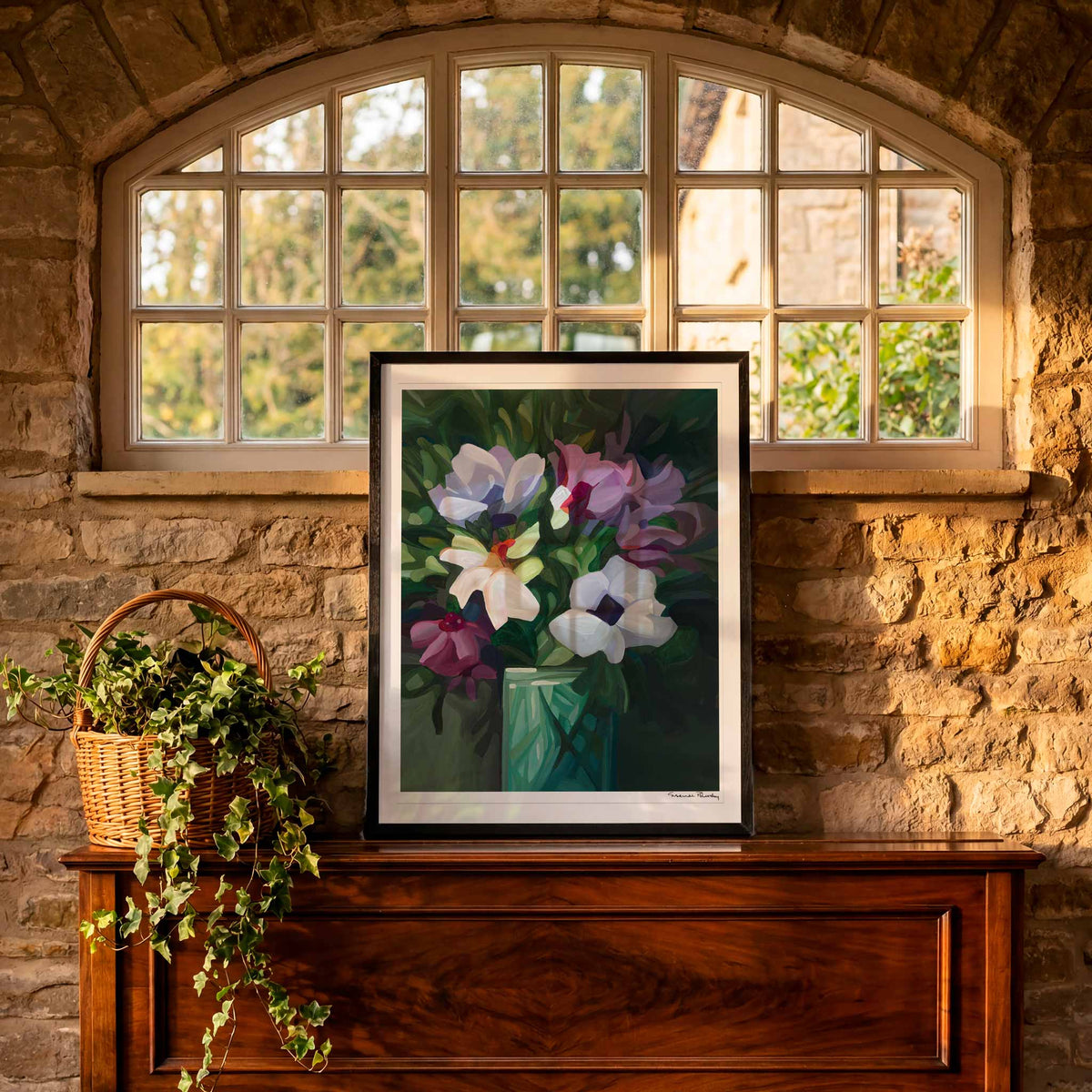 Floral wall art print featuring white and mauve flowers and rich emerald green foliage
