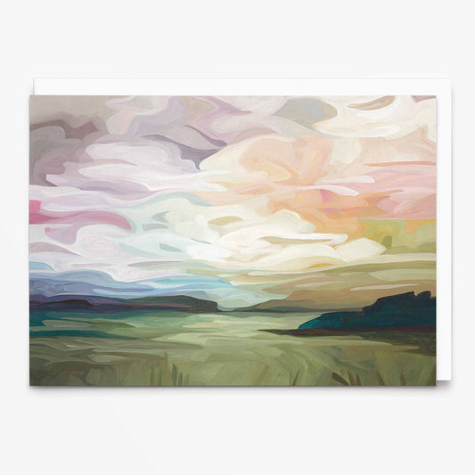 Landscape art card with mauve sunset sky and green horizon