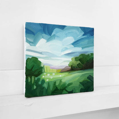 Colourful meadow landscape oil painting inspired by the beauty of the countryside.