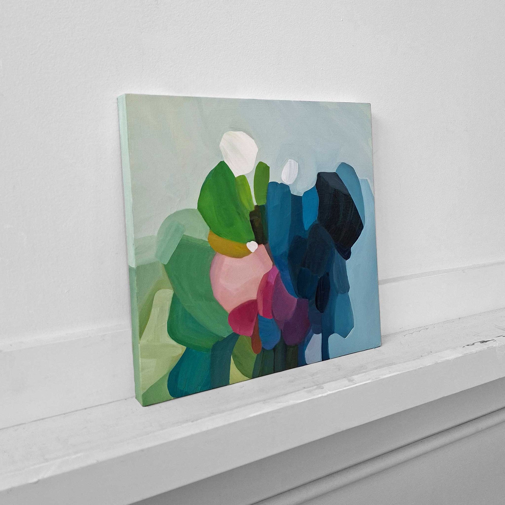 original abstract oil painting in green and blue with distinctive shapes