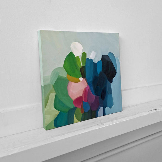 original abstract oil painting in green and blue with distinctive shapes