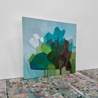 abstract landscape oil painting with deep green, teal and earthy brown under and soft blue sky