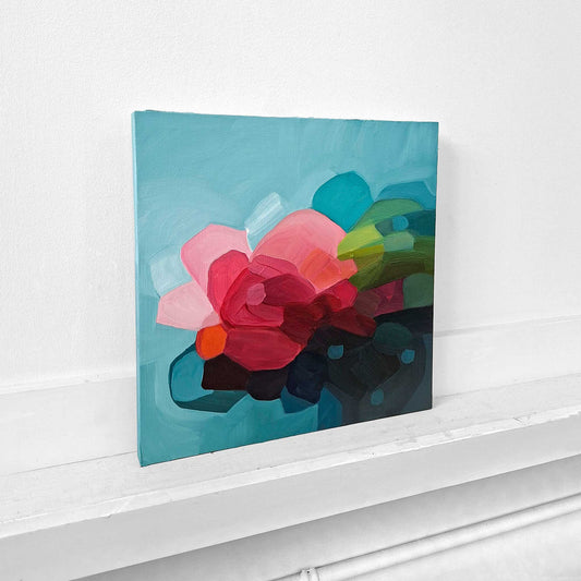 teal abstract oil painting with pink abstract floral design