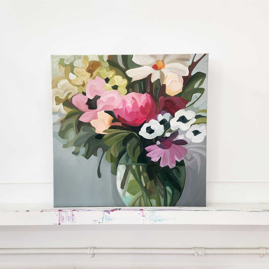 Original abstract floral painting with soft spring colours and flowing shapes