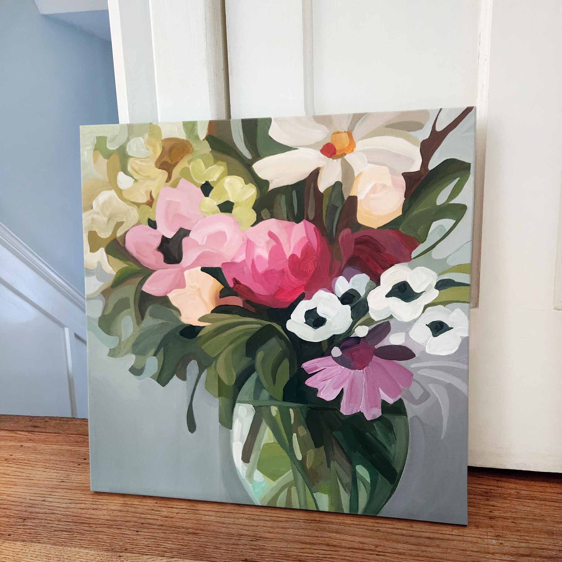 Contemporary abstract floral artwork with soft colour palette and abundant blooms